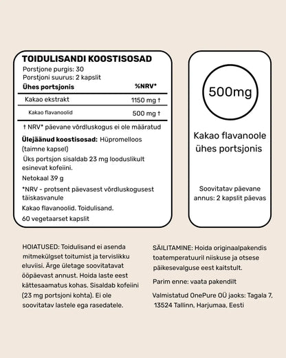 Onepure kakao flavanoolid – koostisosad ja toidulisandi info, 500 mg flavanoolid ühe portsjoni kohta